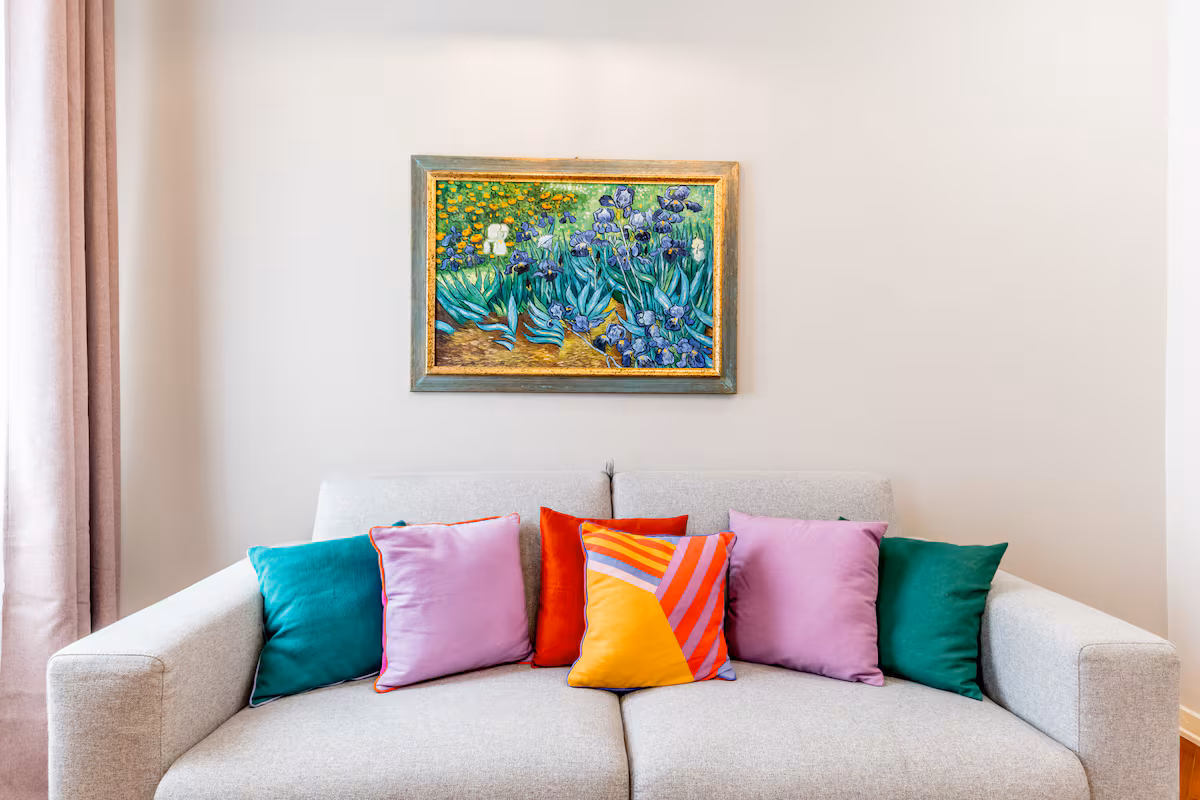 Living room sofa and Van Gogh Irises print in Elegant Vatican, Prati, Rome